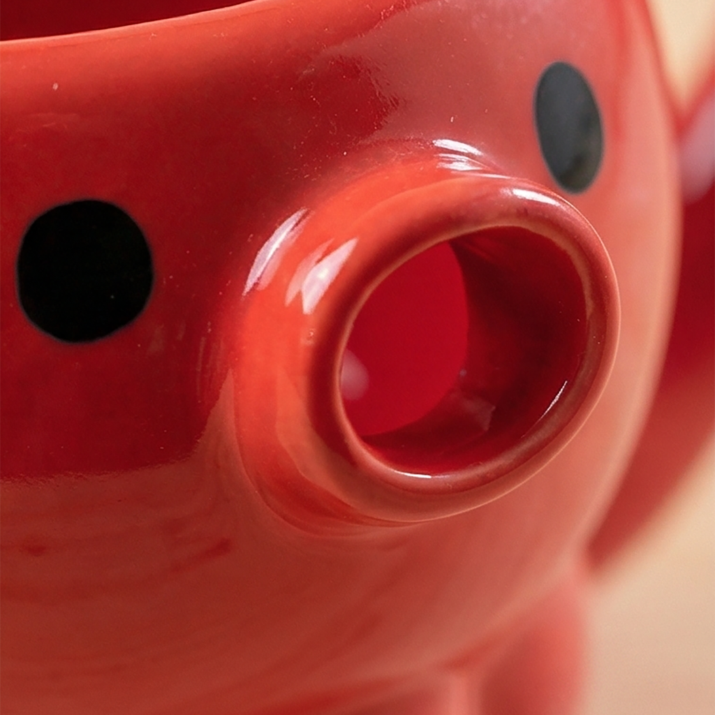 Makro-Detailaufnahme des Oktopusgesichts mit schwarzen Augen und rundem Mund-Ausgießer in roter Keramik