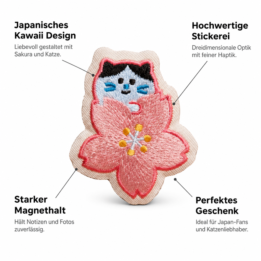 Bestickter Magnet Katze in Kirschblüte Sakura