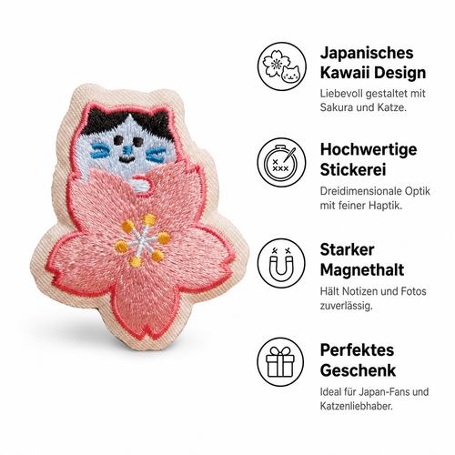Bestickter Magnet Katze in Kirschblüte Sakura