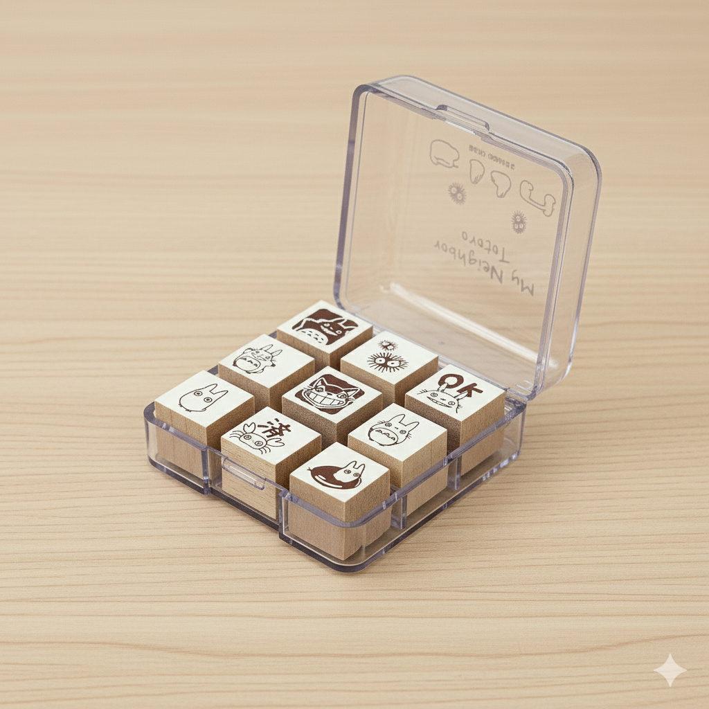 Totoro Stempel Set online kaufen – Studio Ghibli DIY Stempelset. | Stempelset in Box mit Totoro-Motiven von oben fotografiert.