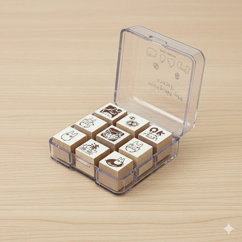 Totoro Stempel Set online kaufen – Studio Ghibli DIY Stempelset. | Stempelset in Box mit Totoro-Motiven von oben fotografiert.