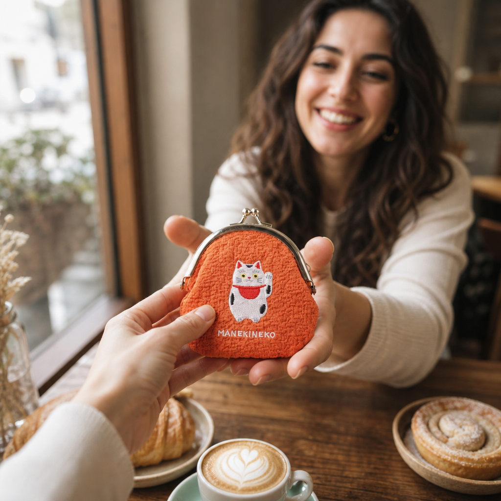 Stoff-Geldbörse Manekineko – Glückskatze mit gesticktem Motiv