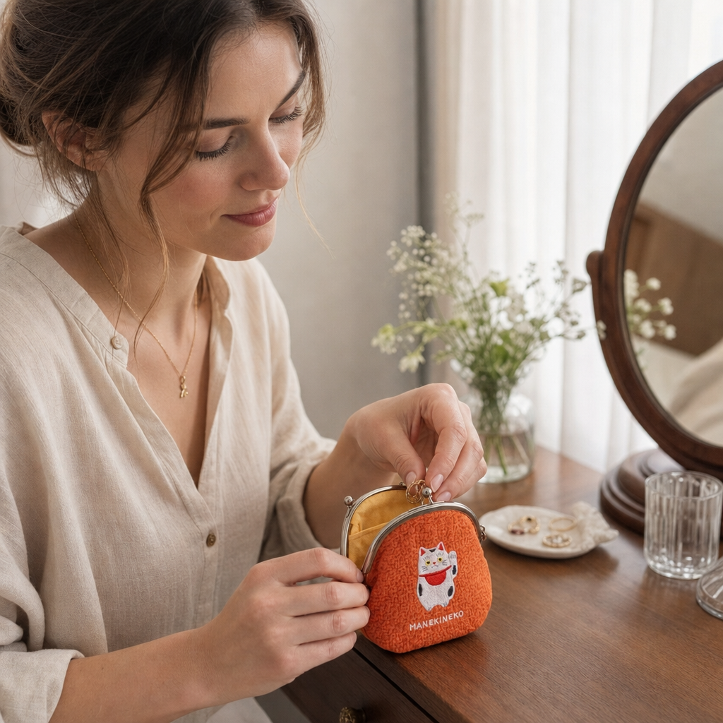 Stoff-Geldbörse Manekineko – Glückskatze mit gesticktem Motiv