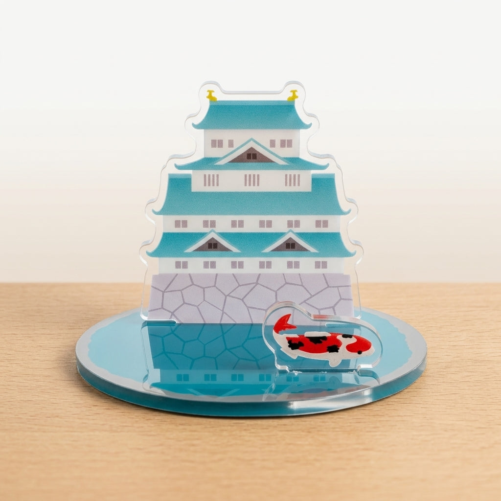 Acryl Smartphone-Ständer Japanische Burg – Motiv mit Koi-Fisch