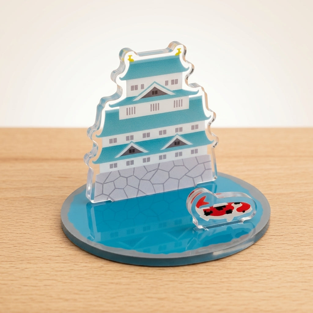 Acryl Smartphone-Ständer Japanische Burg – Motiv mit Koi-Fisch