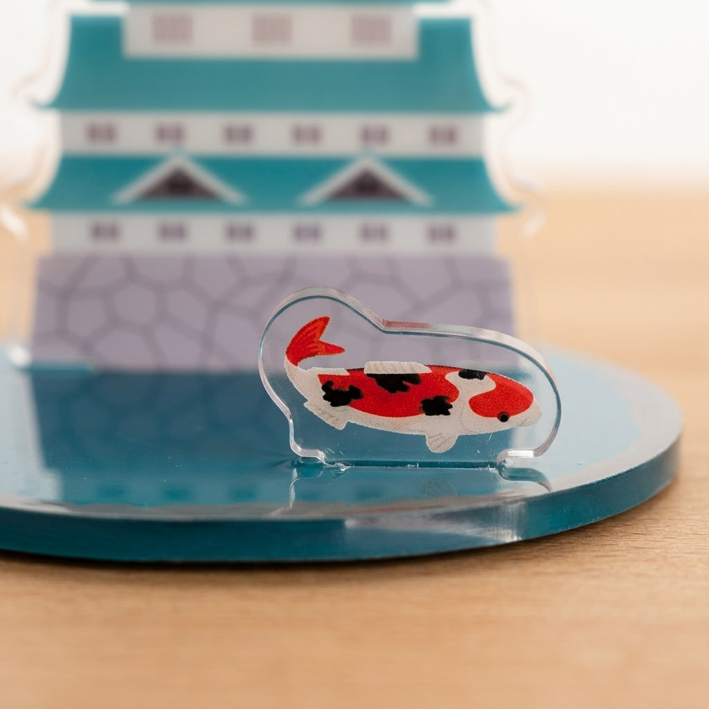 Acryl Smartphone-Ständer Japanische Burg – Motiv mit Koi-Fisch