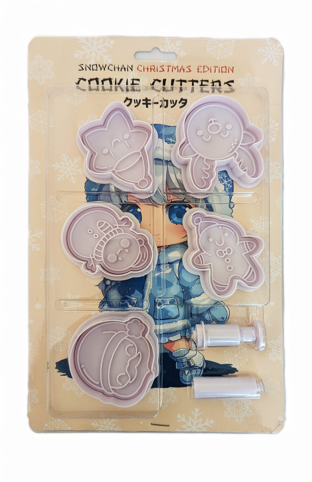 Snowchan Weihnachts-Ausstechformen Set in Verpackung – Japanische Kawaii-Keksstempel für Weihnachten. | Verpackung des Snowchan Sets mit weihnachtlichen Motiven in Blau und Weiß.